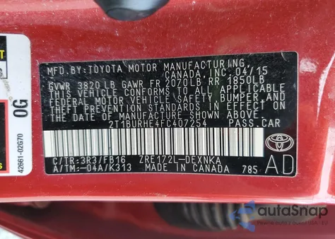 2015 Toyota Corolla L z USA, uszkodzony, nr VIN 2T1BURHE4FC407254